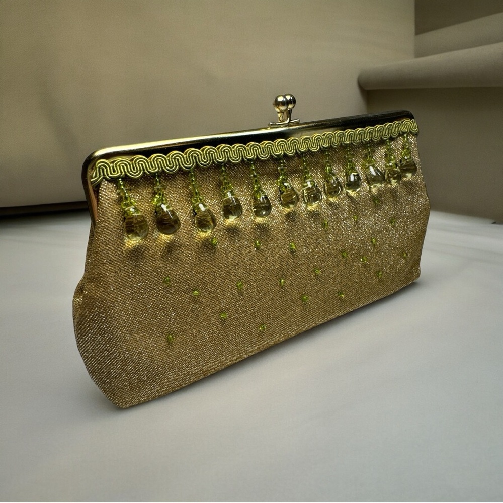 Vintage Gold Metallic Lamé Beaded Kiss Lock Clutch Handbag Satin Interior EUC - Picture 3 of 11